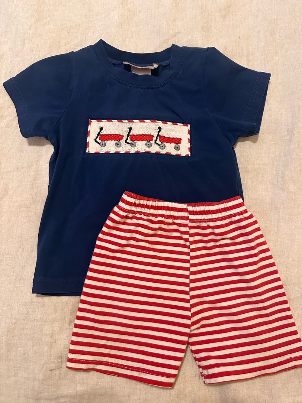 Navy & Red Striped Kids  Set - wagon Applique
